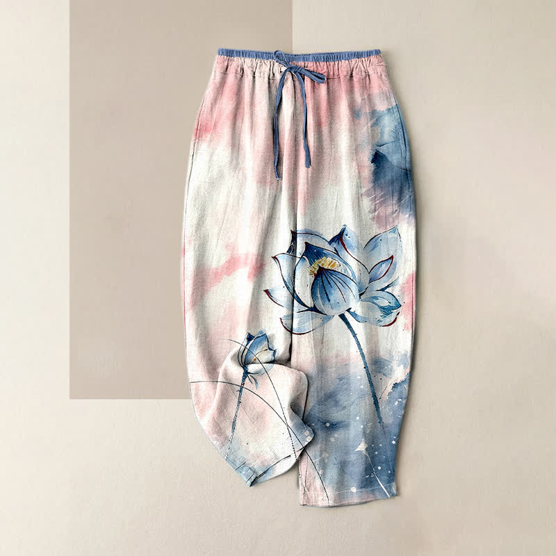 Buddha Stones Pantalones de mujer de algodón puro con estampado de loto en acuarela, cintura elástica y bolsillos. - Marfil - US16，UK/AU20，EU48 (3XL) - image 3
