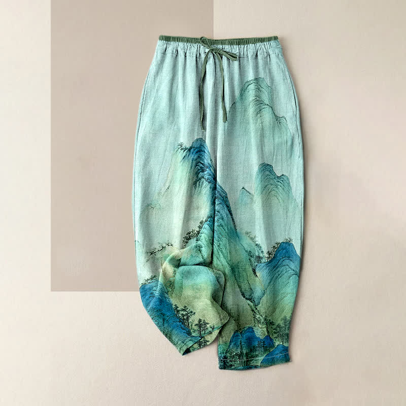 Buddha Stones Pantalones de mujer de algodón puro con estampado de montaña lavado a la tinta y cintura elástica con bolsillos. - Aguamarina - US16，UK/AU20，EU48 (3XL) - image 3
