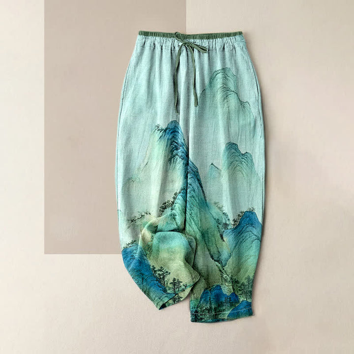 Buddha Stones Pantalones de mujer de algodón puro con estampado de montaña lavado a la tinta y cintura elástica con bolsillos. - Aguamarina - US16，UK/AU20，EU48 (3XL) - image 3