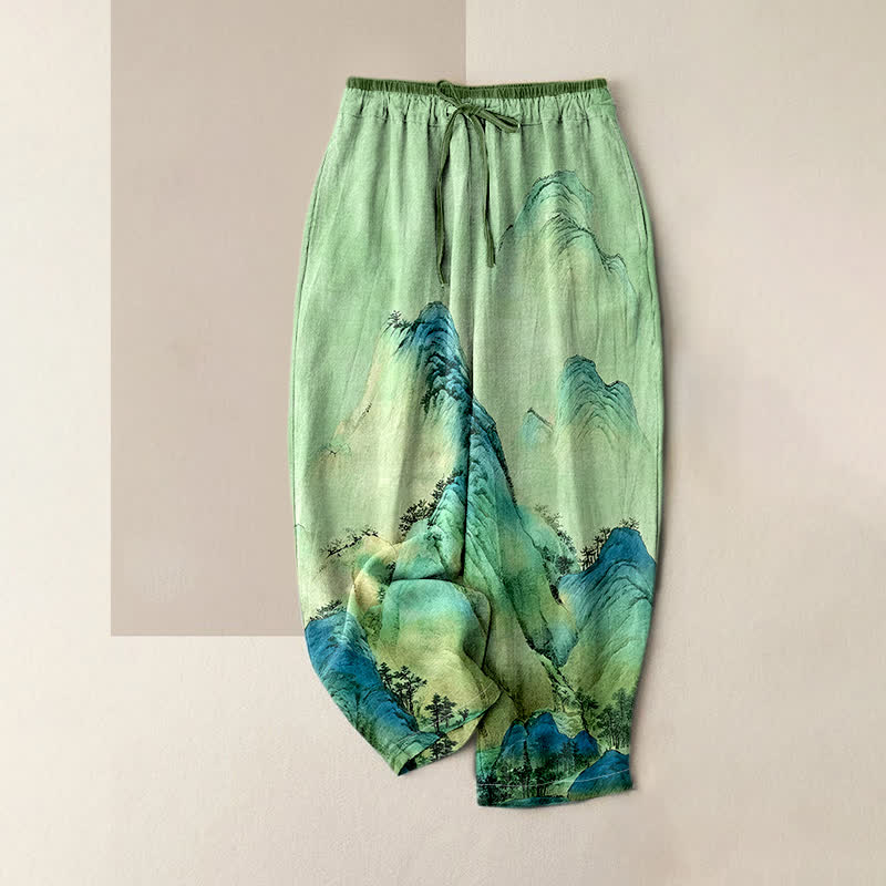 Buddha Stones Pantalones de mujer de algodón puro con estampado de montaña lavado a la tinta y cintura elástica con bolsillos. - Verde claro - US16，UK/AU20，EU48 (3XL) - image 4