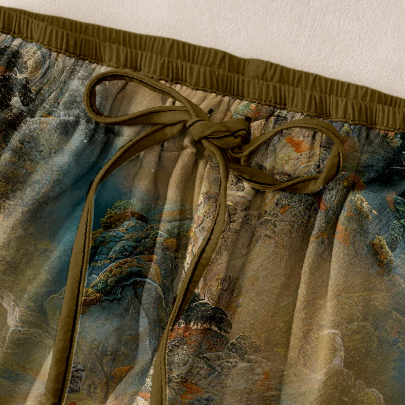 Buddha Stones Pantalones de mujer de algodón con estampado de paisaje montañoso lavado a la tinta y cintura elástica con bolsillos. - image 1