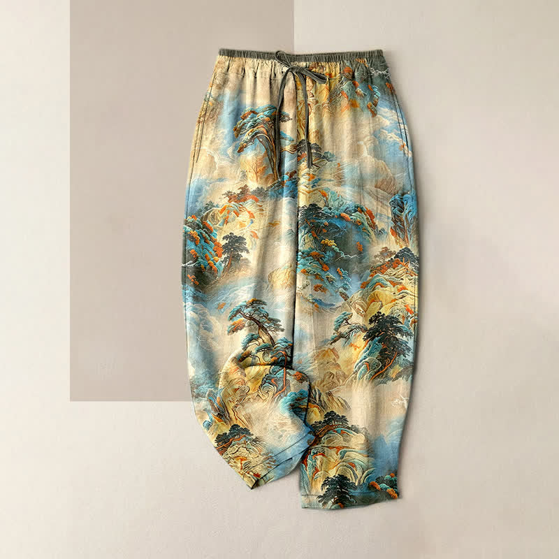 Buddha Stones Pantalones de mujer de algodón con estampado de paisaje montañoso lavado a la tinta y cintura elástica con bolsillos. - Beige - US16，UK/AU20，EU48 (3XL) - image 5