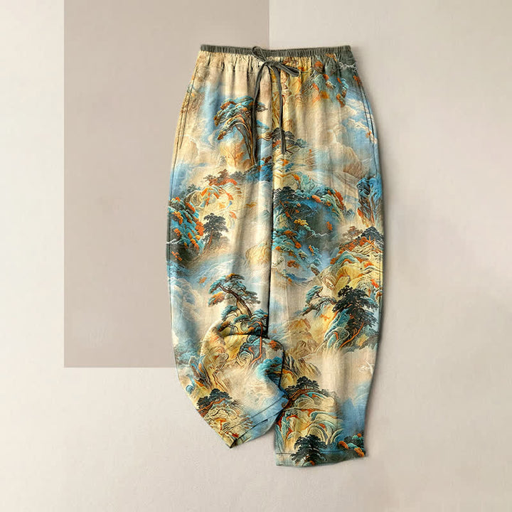 Buddha Stones Pantalones de mujer de algodón con estampado de paisaje montañoso lavado a la tinta y cintura elástica con bolsillos. - Beige - US16，UK/AU20，EU48 (3XL) - image 5