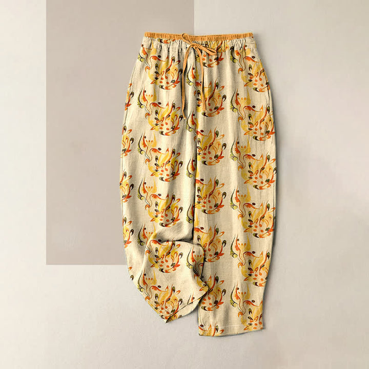 Buddha Stones Pantalones de mujer de algodón puro con estampado floral abstracto y cintura elástica, con bolsillos. - vara de oro pálida - US16，UK/AU20，EU48 (3XL) - image 0