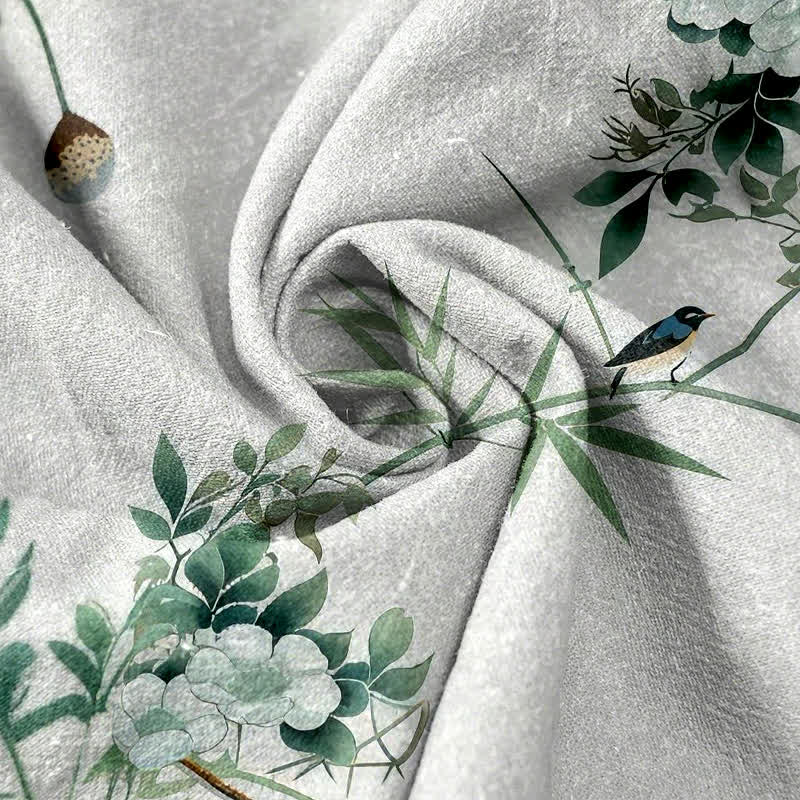 Buddha Stones Pantalones de mujer de algodón puro con estampado de flores de bambú en acuarela y pájaros, cintura elástica y bolsillos. - image 2