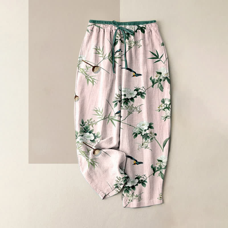 Buddha Stones Pantalones de mujer de algodón puro con estampado de flores de bambú en acuarela y pájaros, cintura elástica y bolsillos. - rosa claro - US16，UK/AU20，EU48 (3XL) - image 3