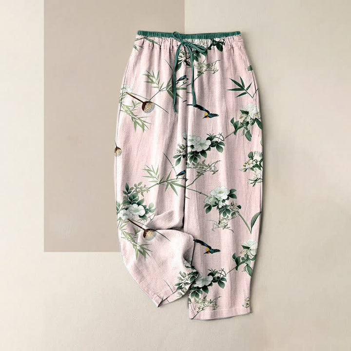 Buddha Stones Pantalones de mujer de algodón puro con estampado de flores de bambú en acuarela y pájaros, cintura elástica y bolsillos. - rosa claro - US16，UK/AU20，EU48 (3XL) - image 3