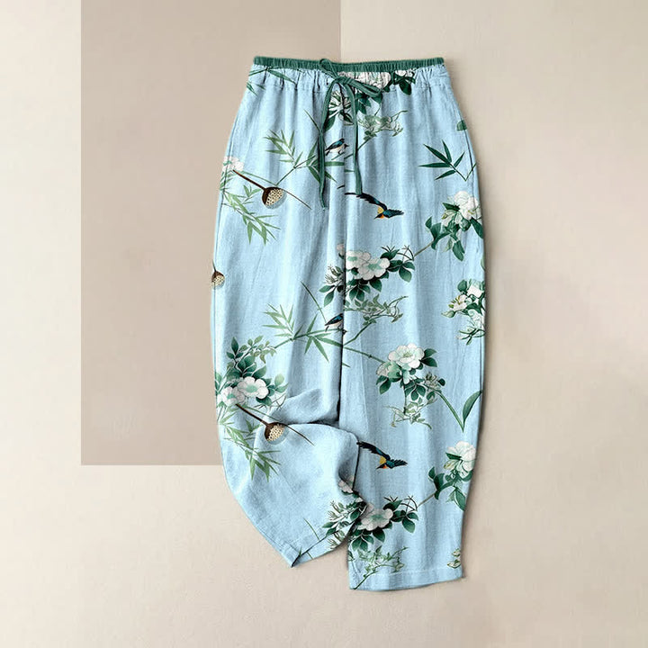Buddha Stones Pantalones de mujer de algodón puro con estampado de flores de bambú en acuarela y pájaros, cintura elástica y bolsillos. - Azul claro - US16，UK/AU20，EU48 (3XL) - image 4
