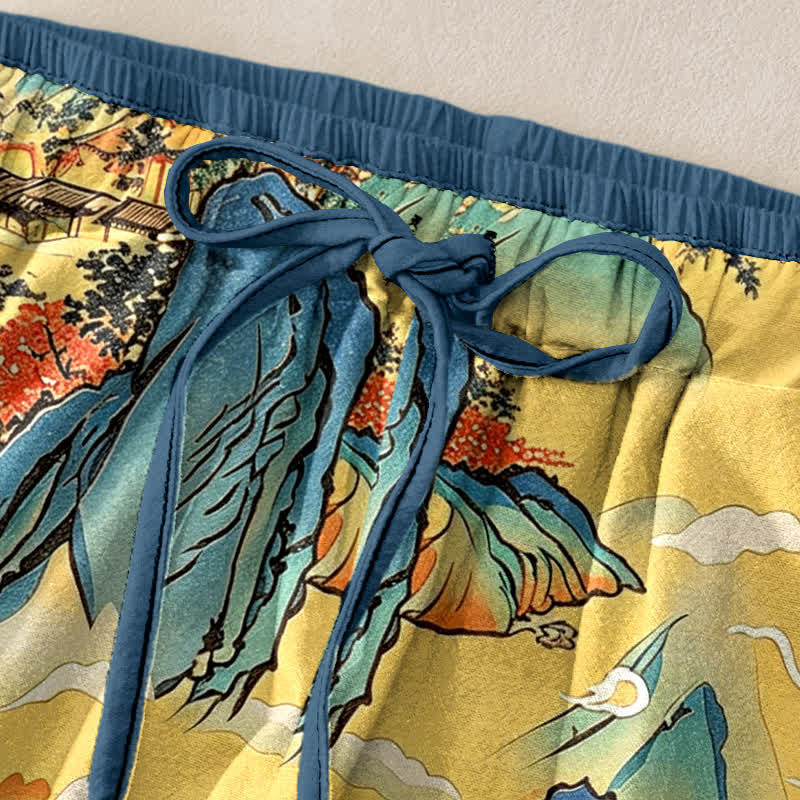 Buddha Stones Pantalones de mujer de algodón puro con estampado de niebla de montaña oriental y cintura elástica con bolsillos. - image 1