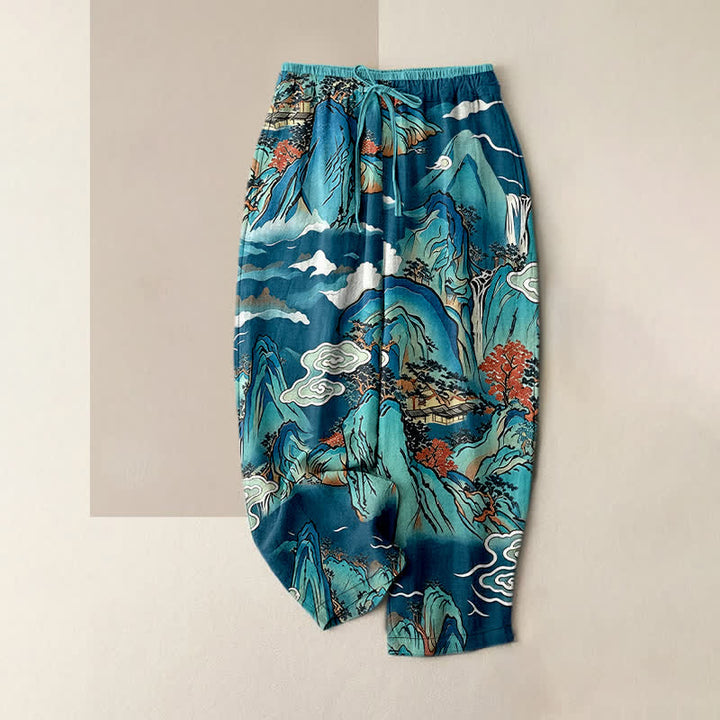 Buddha Stones Pantalones de mujer de algodón puro con estampado de niebla de montaña oriental y cintura elástica con bolsillos. - Turquesa - US16，UK/AU20，EU48 (3XL) - image 4