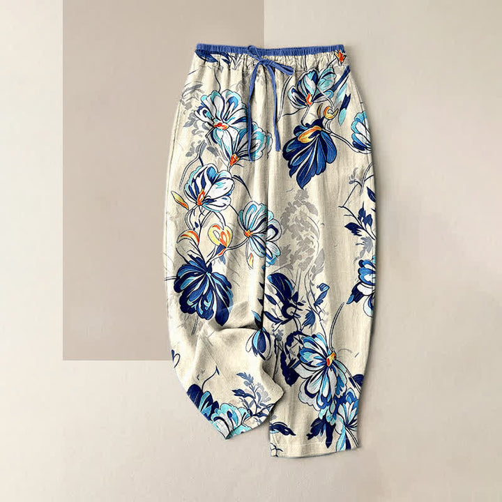 Buddha Stones Pantalones de mujer de algodón puro con estampado botánico índigo y cintura elástica con bolsillos. - Marfil - US16，UK/AU20，EU48 (3XL) - image 0