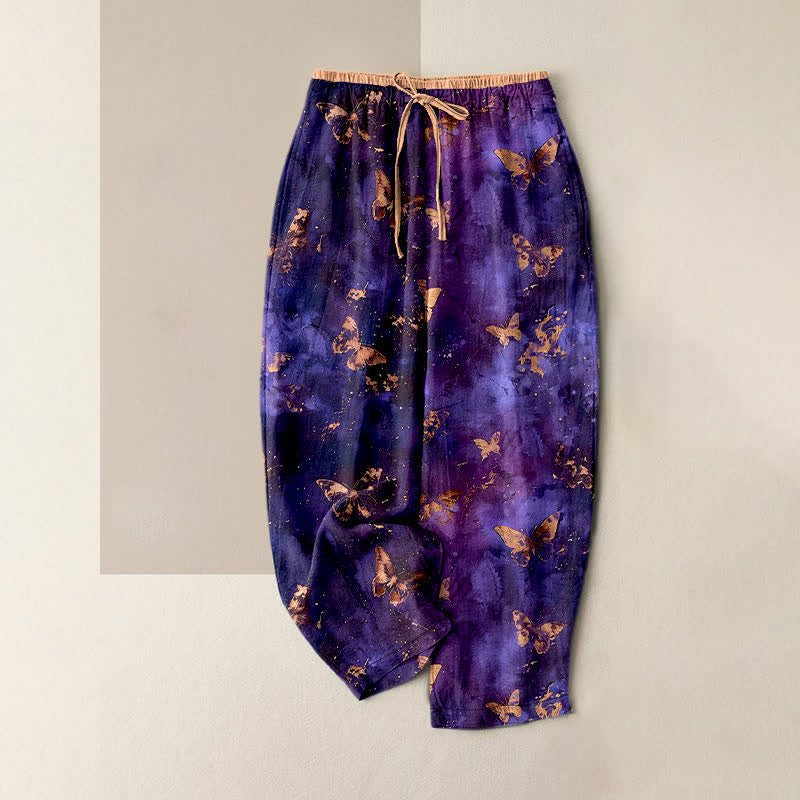 Buddha Stones Pantalones harem de algodón puro con estampado de mariposa dorada y cintura elástica para mujer. - Púrpura - US16，UK/AU20，EU48 (3XL) - image 0