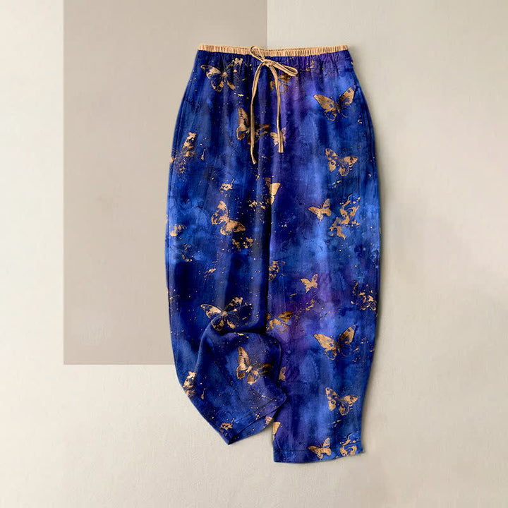 Buddha Stones Pantalones harem de algodón puro con estampado de mariposa dorada y cintura elástica para mujer. - Azul real - US16，UK/AU20，EU48 (3XL) - image 5