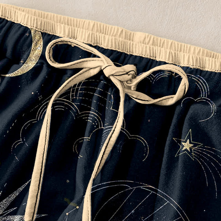 Buddha Stones Pantalones de mujer de algodón puro con estampado de sol, luna y estrellas, cintura elástica y bolsillos. - image 1