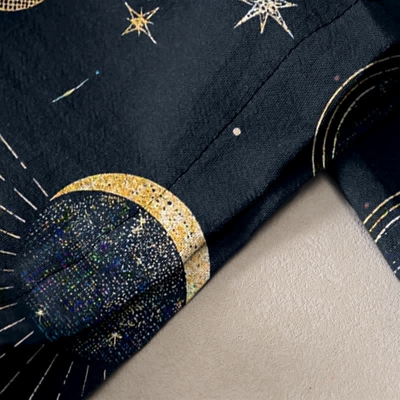 Buddha Stones Pantalones de mujer de algodón puro con estampado de sol, luna y estrellas, cintura elástica y bolsillos. - image 2