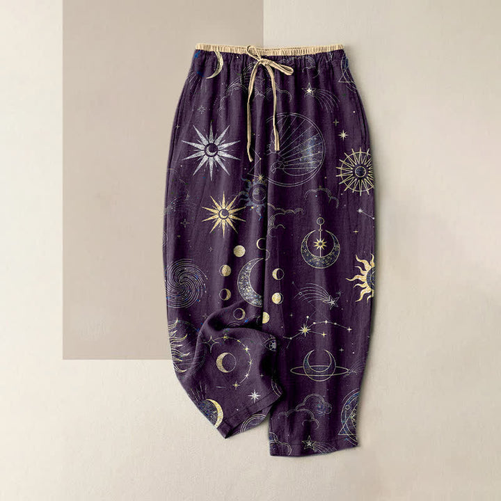 Buddha Stones Pantalones de mujer de algodón puro con estampado de sol, luna y estrellas, cintura elástica y bolsillos. - Violeta oscuro - US16，UK/AU20，EU48 (3XL) - image 5