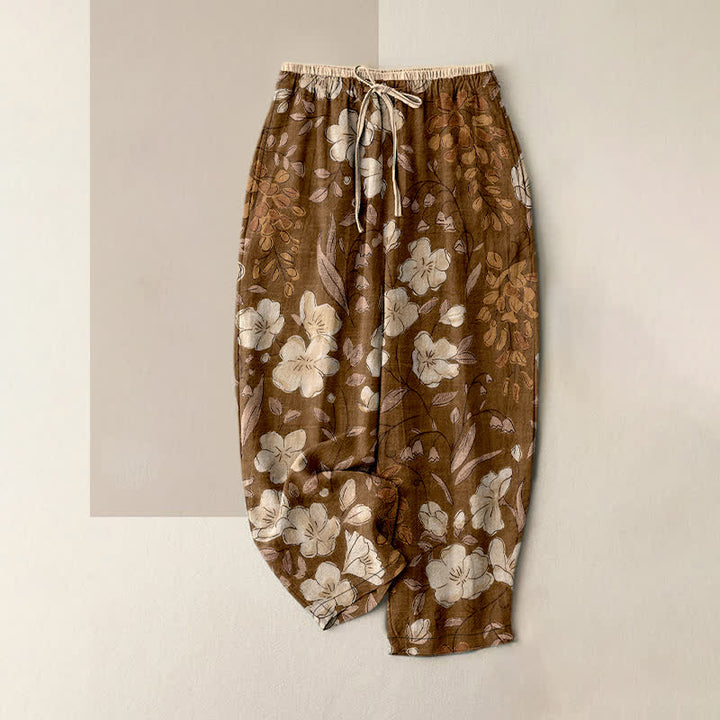 Buddha Stones Pantalones de mujer de algodón puro con estampado floral, cintura elástica y bolsillos. - Tierra de siena - US16，UK/AU20，EU48 (3XL) - image 0