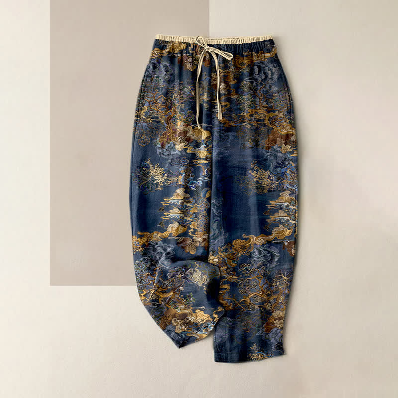 Buddha Stones Pantalones de mujer de algodón puro con estampado oriental de nubes doradas y cintura elástica con bolsillos. - Marina de guerra - US16，UK/AU20，EU48 (3XL) - image 0