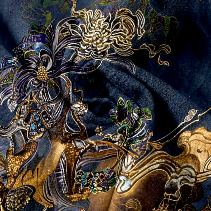 Buddha Stones Pantalones de mujer de algodón puro con estampado oriental de nubes doradas y cintura elástica con bolsillos. - image 3