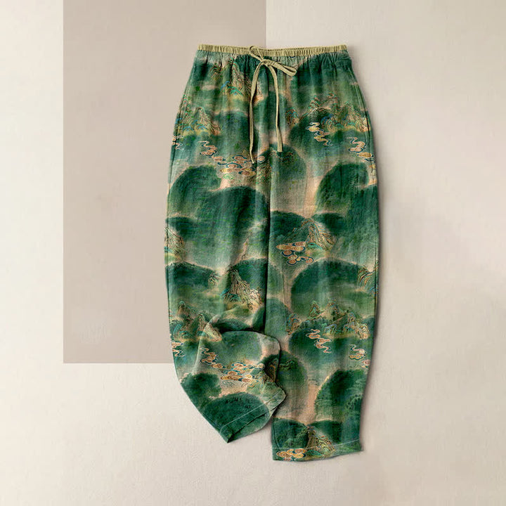 Buddha Stones Pantalones de mujer de algodón puro con estampado de montaña, cintura elástica y bolsillos. - Verde bosque - US16，UK/AU20，EU48 (3XL) - image 0
