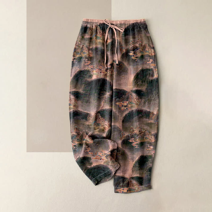 Buddha Stones Pantalones de mujer de algodón puro con estampado de montaña, cintura elástica y bolsillos. - PeachPuff - US16，UK/AU20，EU48 (3XL) - image 3