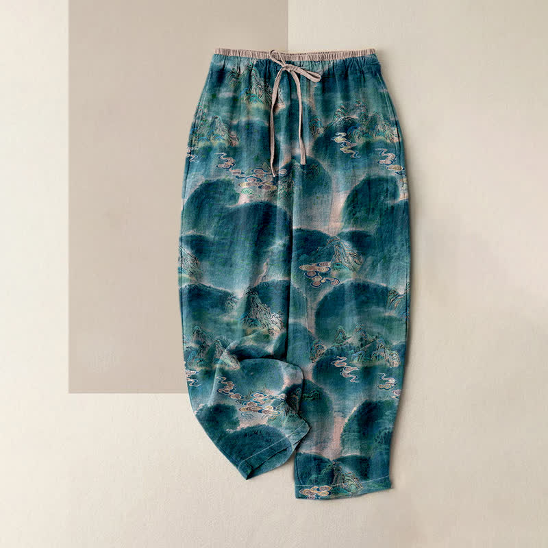 Buddha Stones Pantalones de mujer de algodón puro con estampado de montaña, cintura elástica y bolsillos. - Verde azulado - US16，UK/AU20，EU48 (3XL) - image 4