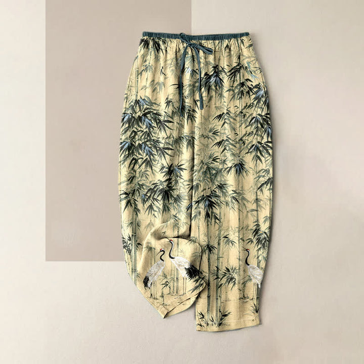 Buddha Stones Pantalones de mujer de algodón puro con estampado oriental de grullas de bambú y cintura elástica con bolsillos. - Marfil - US16，UK/AU20，EU48 (3XL) - image 3