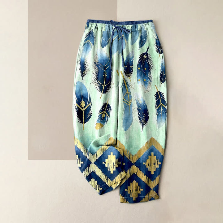 Buddha Stones Pantalones de mujer de algodón puro con estampado de plumas azul marino y borde dorado, cintura elástica y bolsillos. - Aguamarina - US16，UK/AU20，EU48 (3XL) - image 3