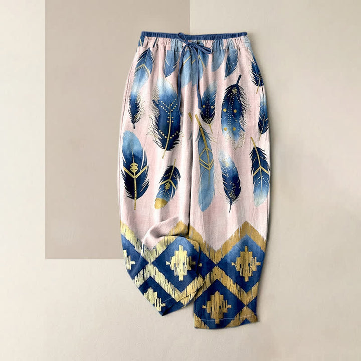 Buddha Stones Pantalones de mujer de algodón puro con estampado de plumas azul marino y borde dorado, cintura elástica y bolsillos. - rosa claro - US16，UK/AU20，EU48 (3XL) - image 4