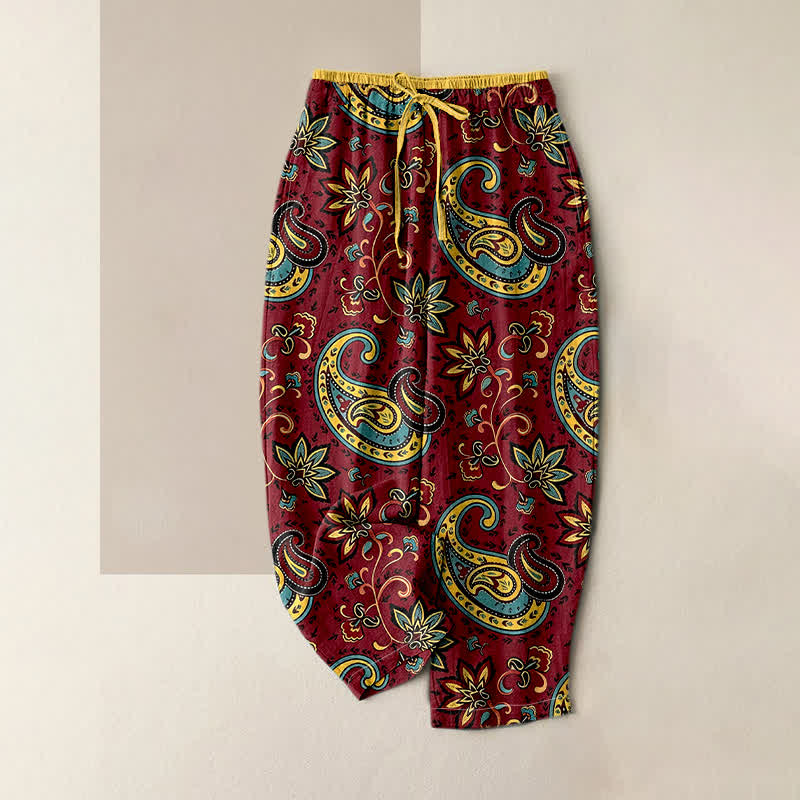Buddha Stones Pantalones harem de algodón puro con estampado floral paisley para mujer, cintura elástica y bolsillos. - Granate - US16，UK/AU20，EU48 (3XL) - image 4