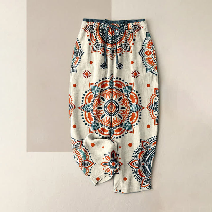 Buddha Stones Pantalones de mujer de algodón puro con estampado floral de mandala, cintura elástica y bolsillos. - Marfil - US16，UK/AU20，EU48 (3XL) - image 3