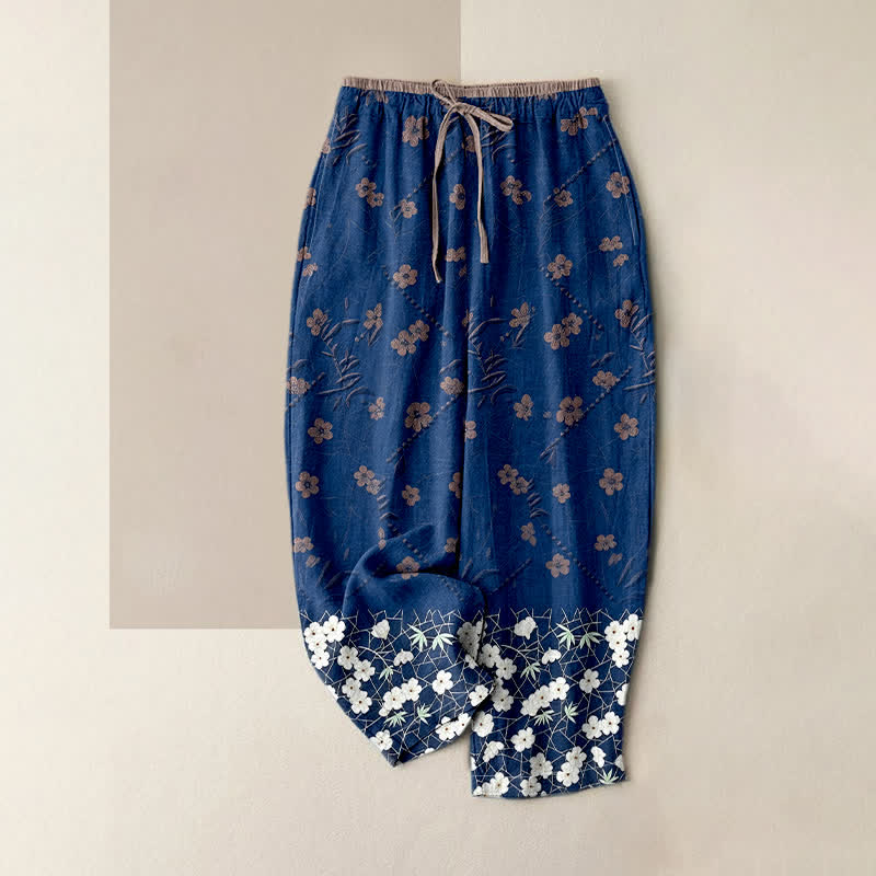 Buddha Stones Pantalones de mujer de algodón puro con estampado floral, cintura elástica y bolsillos. - Marina de guerra - US16，UK/AU20，EU48 (3XL) - image 3