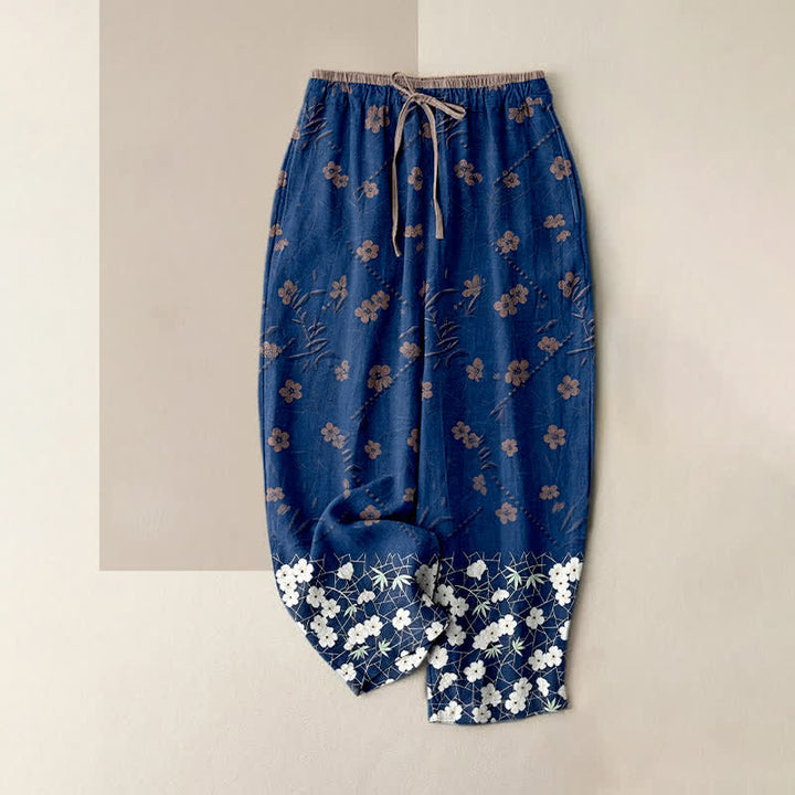 Buddha Stones Pantalones de mujer de algodón puro con estampado floral, cintura elástica y bolsillos. - Marina de guerra - US16，UK/AU20，EU48 (3XL) - image 3