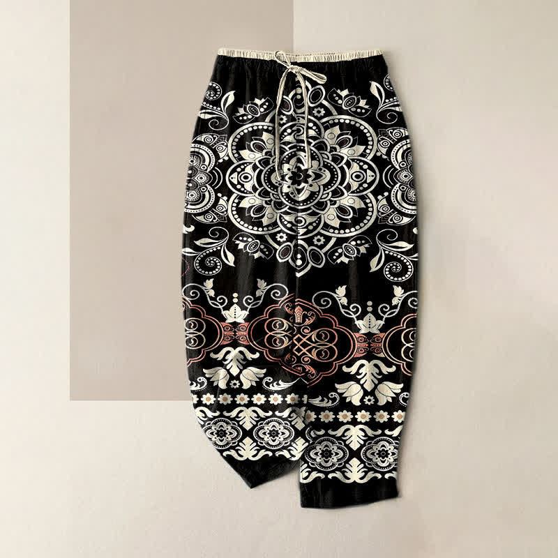 Buddha Stones Pantalones de mujer de algodón puro con estampado de mandala, cintura elástica y bolsillos. - Marfil - US16，UK/AU20，EU48 (3XL) - image 5
