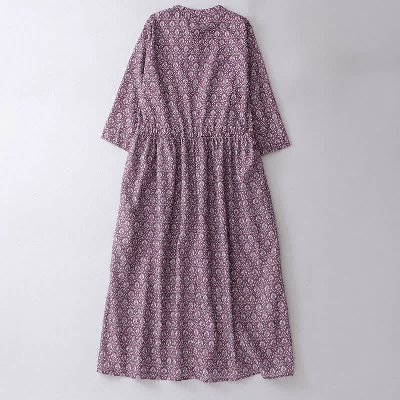 Buddha Stones Vestido de verano para mujer con estampado floral, manga corta, botones, cordón ajustable y bolsillos. - image 1