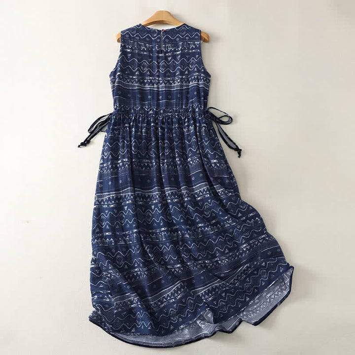 Buddha Stones Vestido de verano bohemio sin mangas con estampado étnico, cordón ajustable y bolsillos para mujer. - image 1
