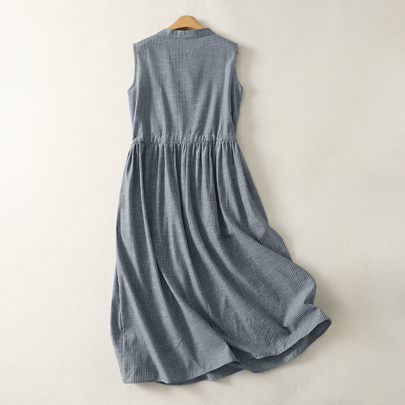 Buddha Stones Vestido de verano minimalista sin mangas para mujer con botones, cordón ajustable y rayas. - image 1