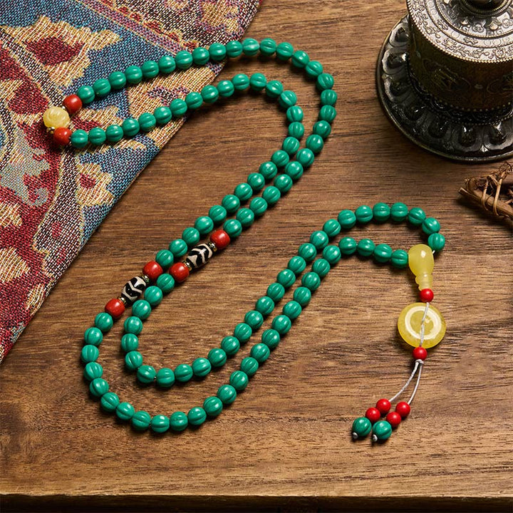 Buddha Stones Mala tibetana de 108 cuentas turquesas con forma de calabaza y cuentas Dzi para el pensamiento positivo - image 2
