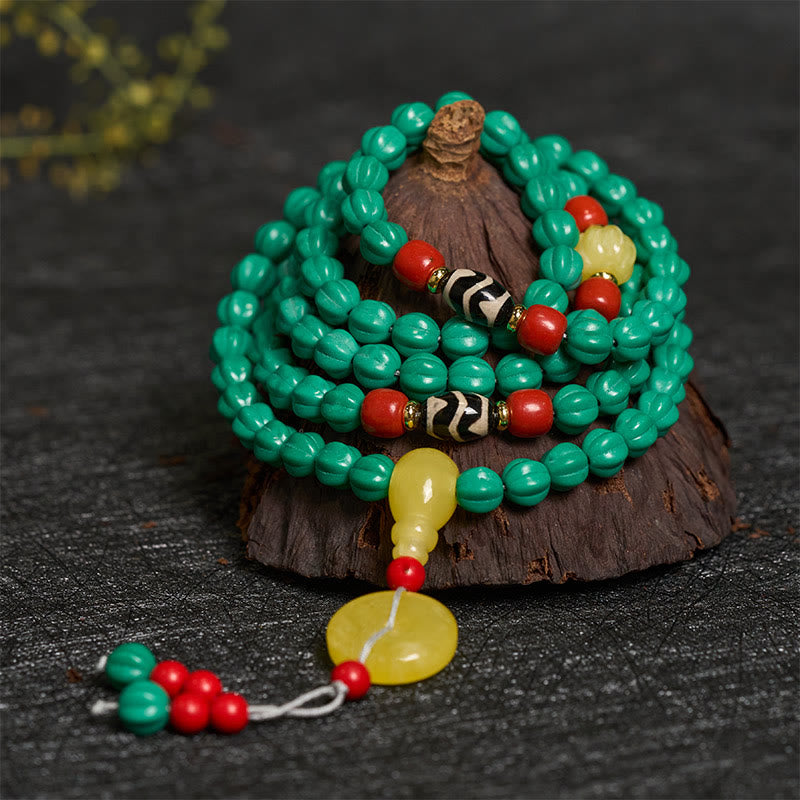 Buddha Stones Mala tibetana de 108 cuentas turquesas con forma de calabaza y cuentas Dzi para el pensamiento positivo - image 1