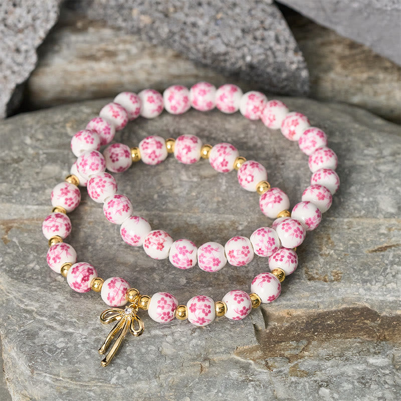 Buddha Stones Pulsera de cuentas de porcelana azul, blanca y rosa con lazo y palabra de honor - image 8