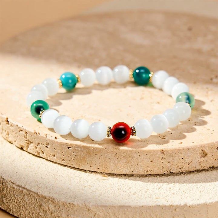 Buddha Stones Pulsera de ágata de caramelo colorida con ojo de gato blanco que simboliza la abundancia - Ágata blanca ojo de gato espaciada (circunferencia de la muñeca: 15-16 cm) - image 8