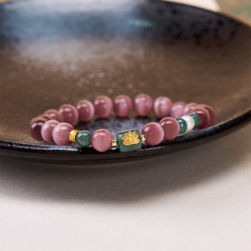 Buddha Stones Pulsera con símbolo de iluminación de loto ojo de gato morado - image 3
