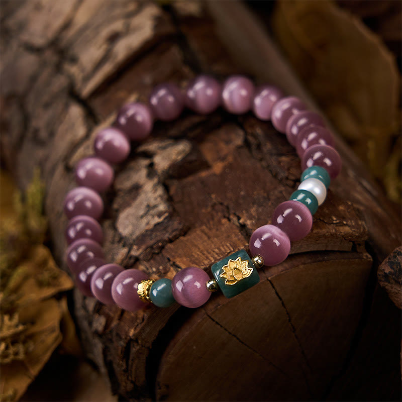 Buddha Stones Pulsera con símbolo de iluminación de loto ojo de gato morado - image 4