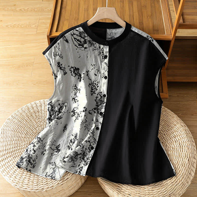 Buddha Stones Camisas sin mangas de verano minimalistas con cuello mandarín y estampado floral asimétrico para mujer. - Blanco - US12, UK/AU16, EU44 (2XL) - image 0