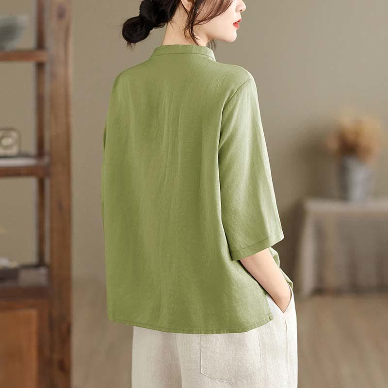 Buddha Stones Camisa de manga corta para mujer, estilo minimalista de verano, con cuello mandarín, botones y abertura lateral. - image 1