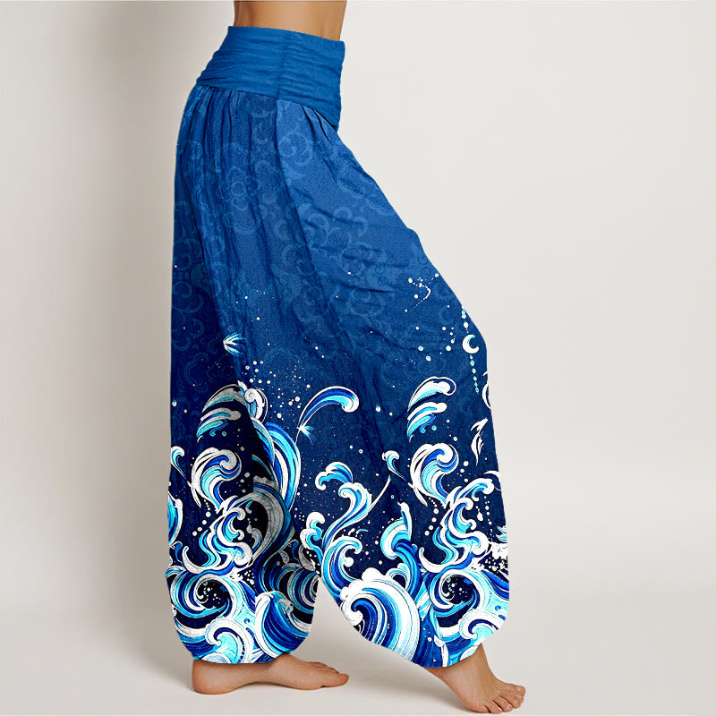 Buddha Stones Pantalones harem de algodón puro con estampado degradado de olas marinas para mujer y cintura elástica. - image 1