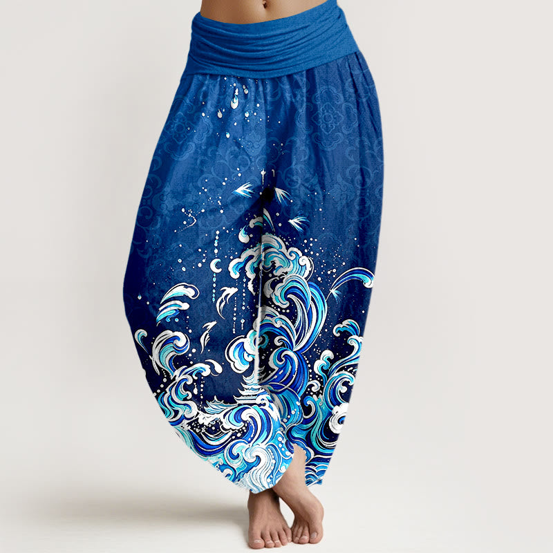 Buddha Stones Pantalones harem de algodón puro con estampado degradado de olas marinas para mujer y cintura elástica. - Azul real - US16，UK/AU20，EU48 (3XL) - image 0