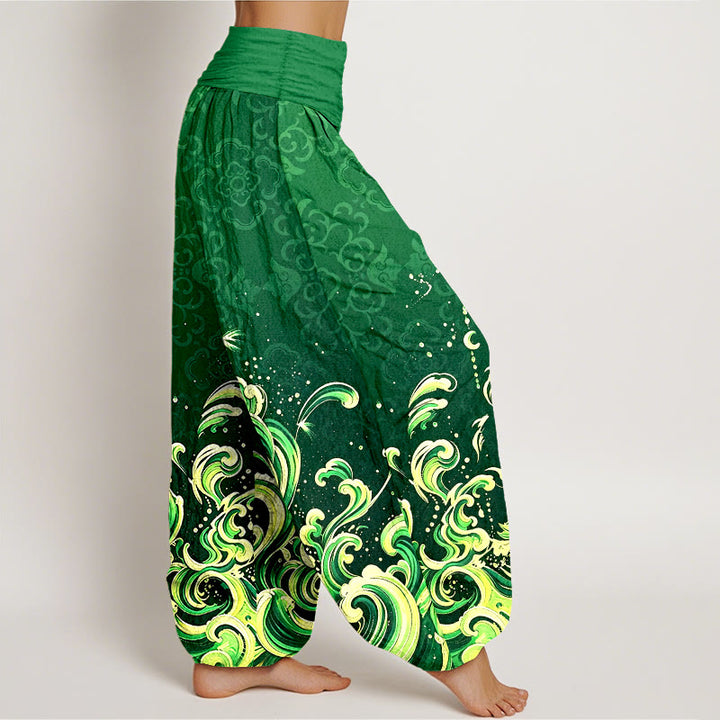 Buddha Stones Pantalones harem de algodón puro con estampado degradado de olas marinas para mujer y cintura elástica. - image 6