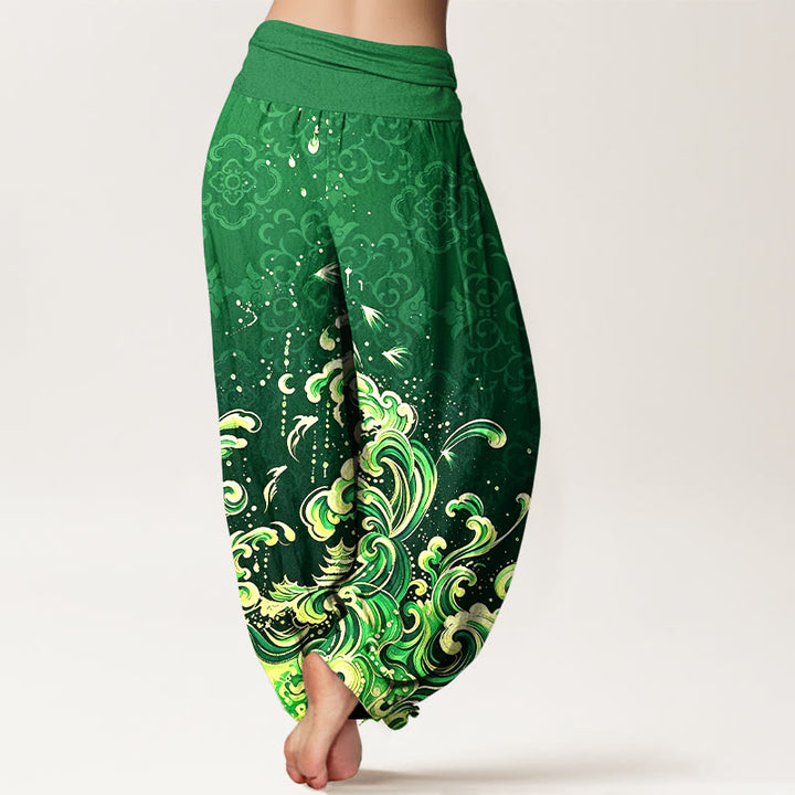 Buddha Stones Pantalones harem de algodón puro con estampado degradado de olas marinas para mujer y cintura elástica. - image 7