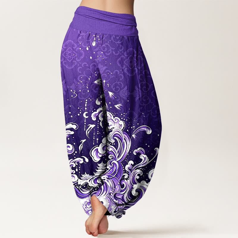 Buddha Stones Pantalones harem de algodón puro con estampado degradado de olas marinas para mujer y cintura elástica. - image 10